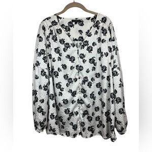 Lane Bryant Black And White Floral Button Front 3/4 Sleeve Blouse Size 16